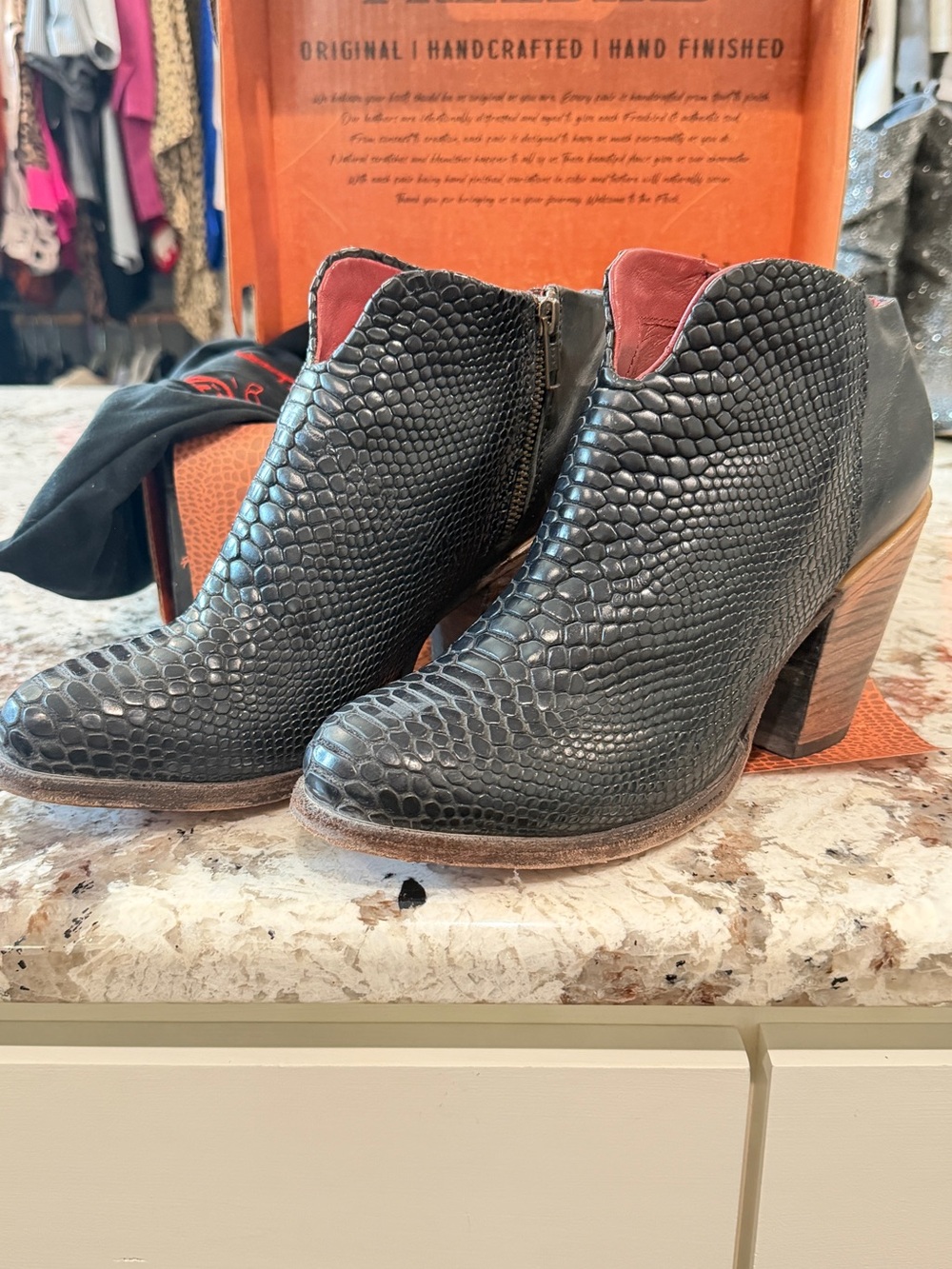 freebird Black Textured Snake-Embossed Ankle Booties with Stacked Heel
